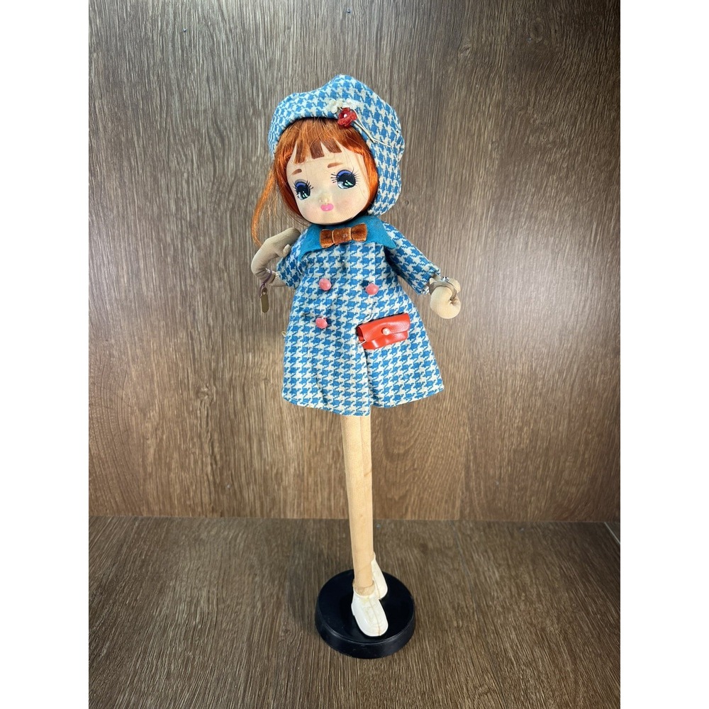 Vintage R Dakin Dream Doll Japan Blue Houndstooth Coat Big Eye 12 Inch 1960s